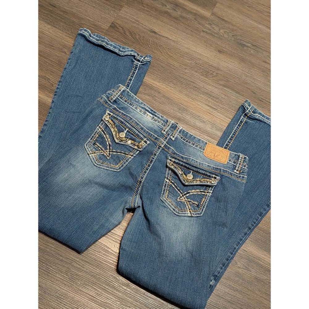 Amethyst Jeans Womens 13 Flare Bootcut Medium Wash Rhinestone Flap Pocket Y2K